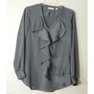 NEW YORK & COMPANY Blouse XS Gray Shiny V-Neck Front Flounce